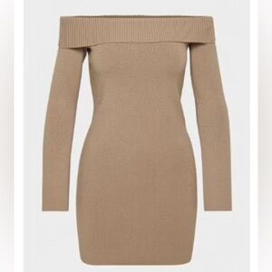 Aritzia Tan Off-Shoulder Long Sleeve Dress